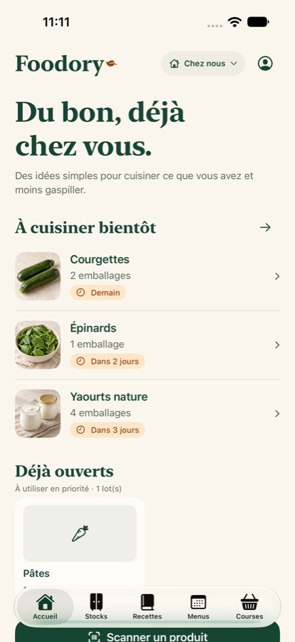 Accueil Foodory : aliments à cuisiner bientôt et produits ouverts